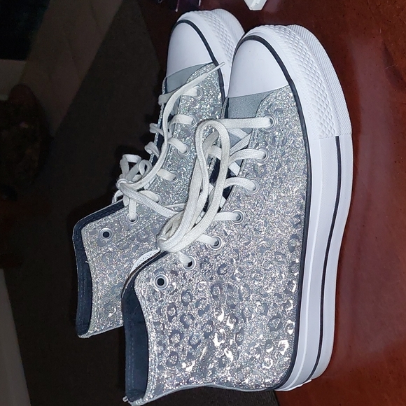 No trades/Likenew womens sparkle animal print Wedge Converse Hightop gym shoes - Picture 4 of 6
